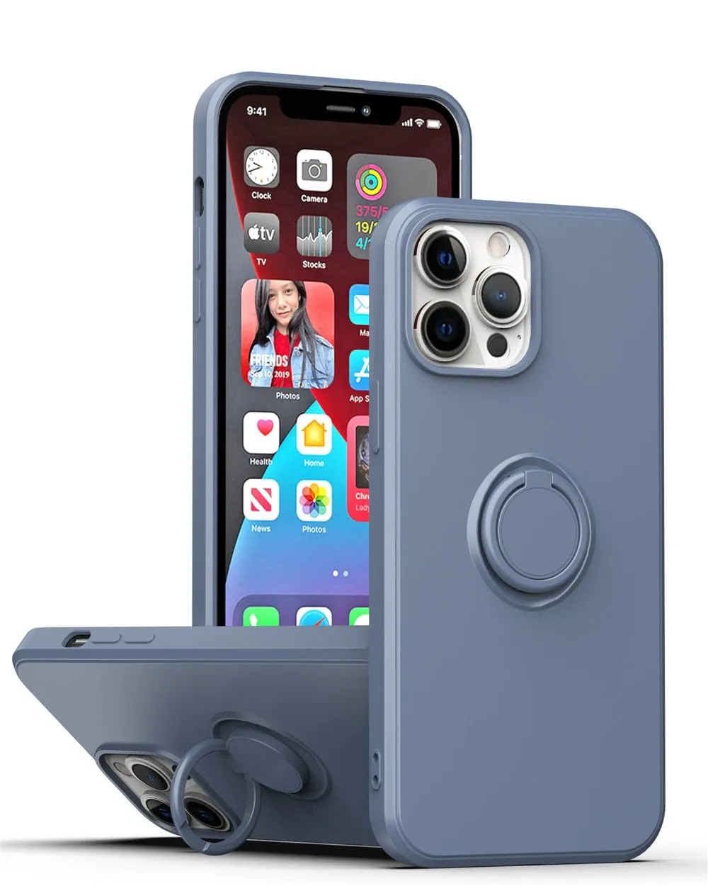 Anymob iPhone Case Light Blue Square Liquid Silicone Magnetic Holder Ring Stand Cover