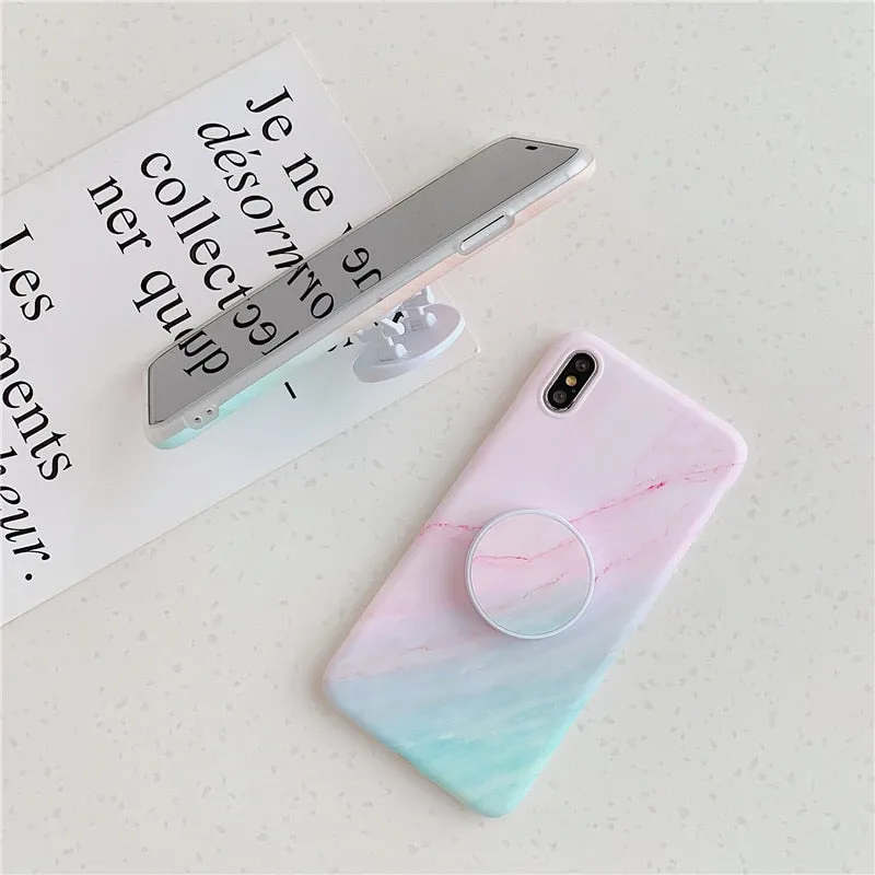 Anymob iPhone Case Pink and Green Gradient Marble Cover Silicone Phone With Holder Stand
