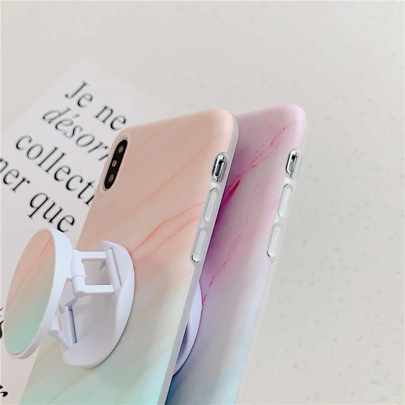 Anymob iPhone Case Pink and Green Gradient Marble Cover Silicone Phone With Holder Stand