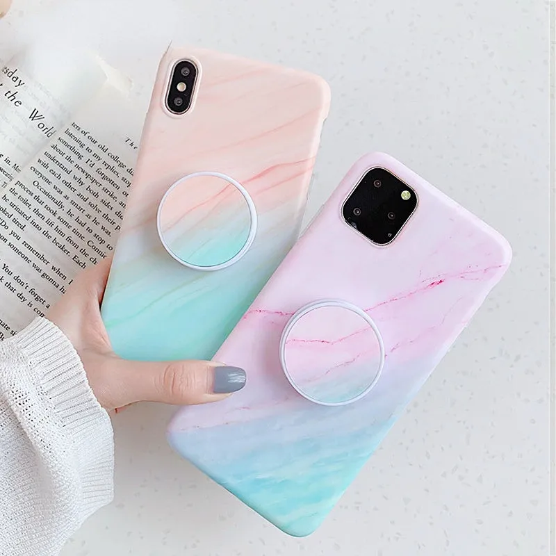 Anymob iPhone Case Pink and Green Gradient Marble Cover Silicone Phone With Holder Stand