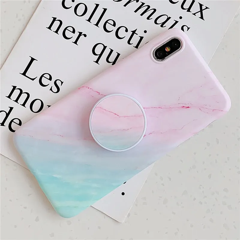 Anymob iPhone Case Pink and Green Gradient Marble Cover Silicone Phone With Holder Stand