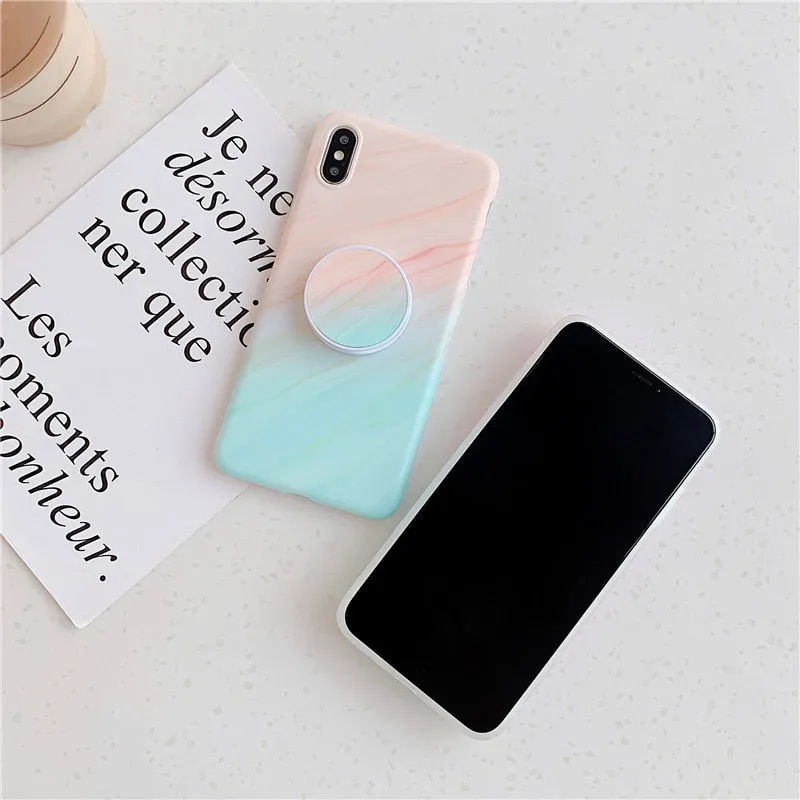 Anymob iPhone Case Pink and Green Gradient Marble Cover Silicone Phone With Holder Stand