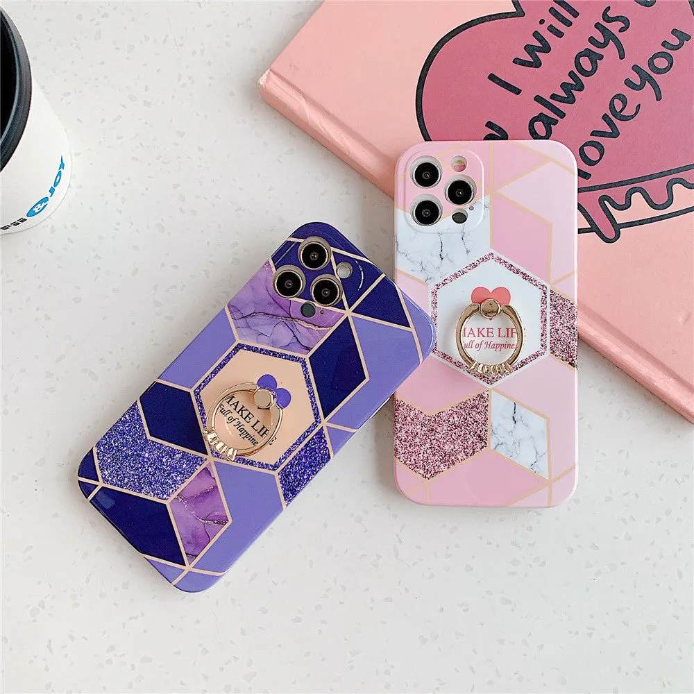 Anymob iPhone Case Purple Geometric Marble with Ring Kickstand Silicone Shells