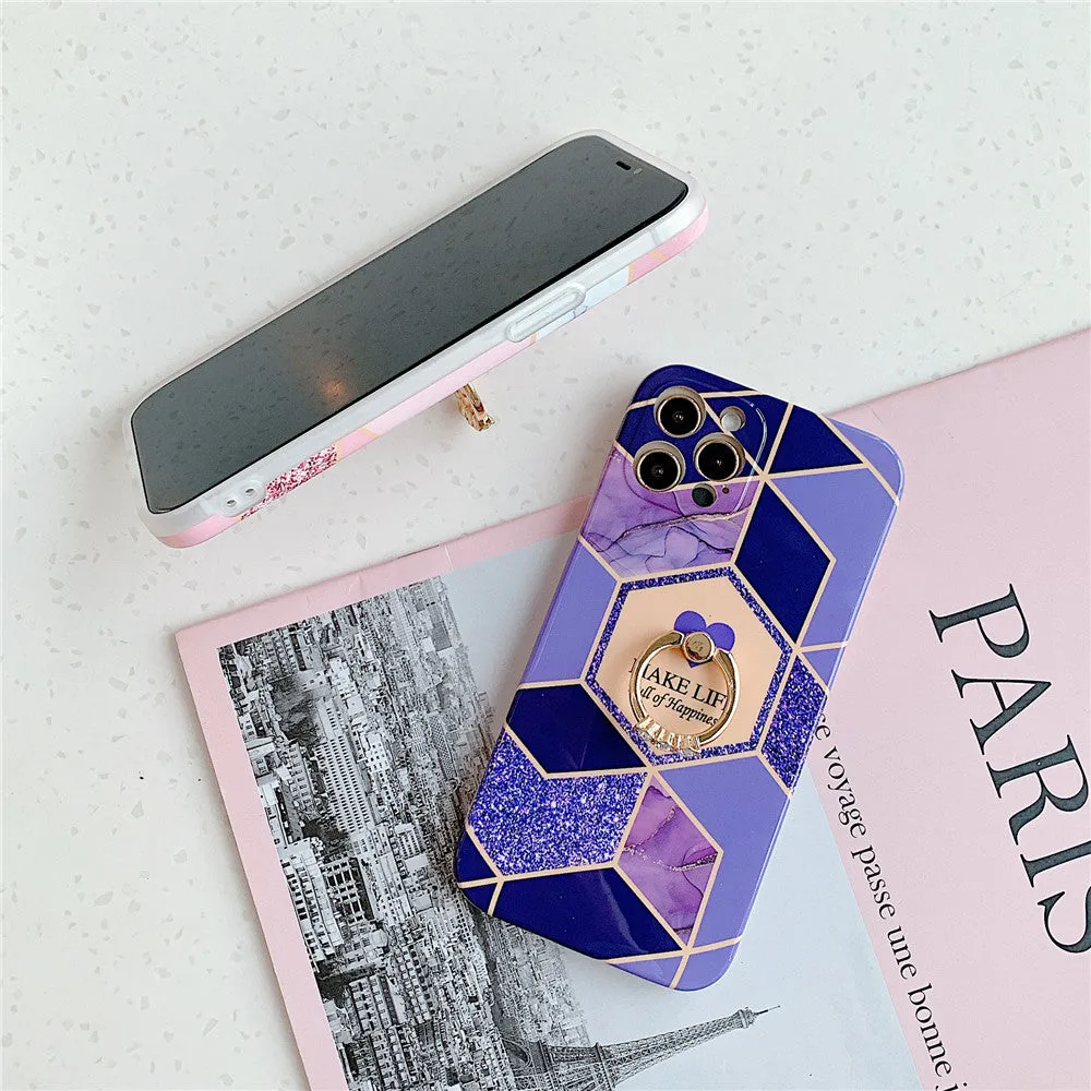 Anymob iPhone Case Purple Geometric Marble with Ring Kickstand Silicone Shells