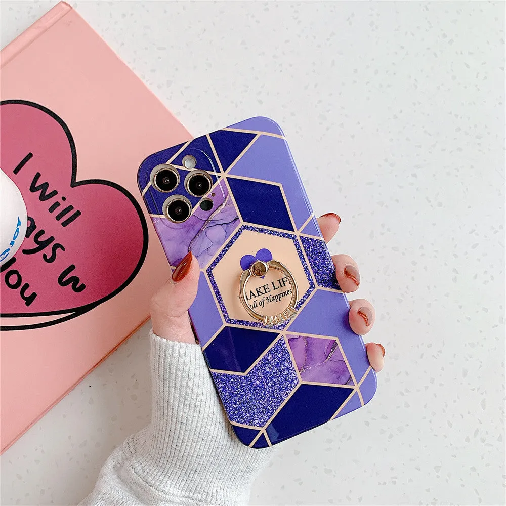 Anymob iPhone Case Purple Geometric Marble with Ring Kickstand Silicone Shells