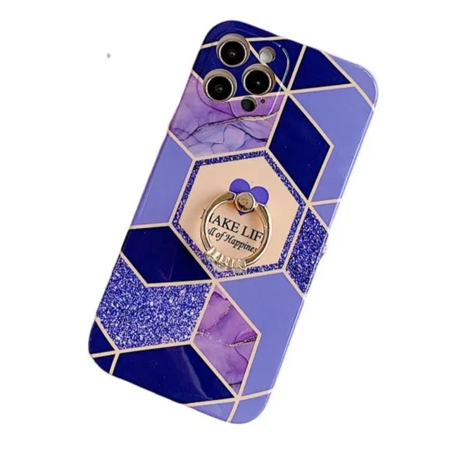 Anymob iPhone Case Purple Geometric Marble with Ring Kickstand Silicone Shells