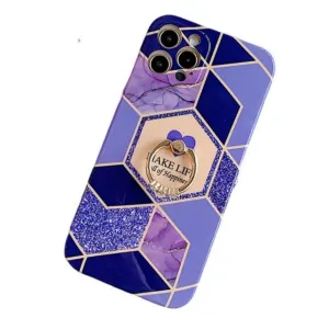 Anymob iPhone Case Purple Geometric Marble with Ring Kickstand Silicone Shells