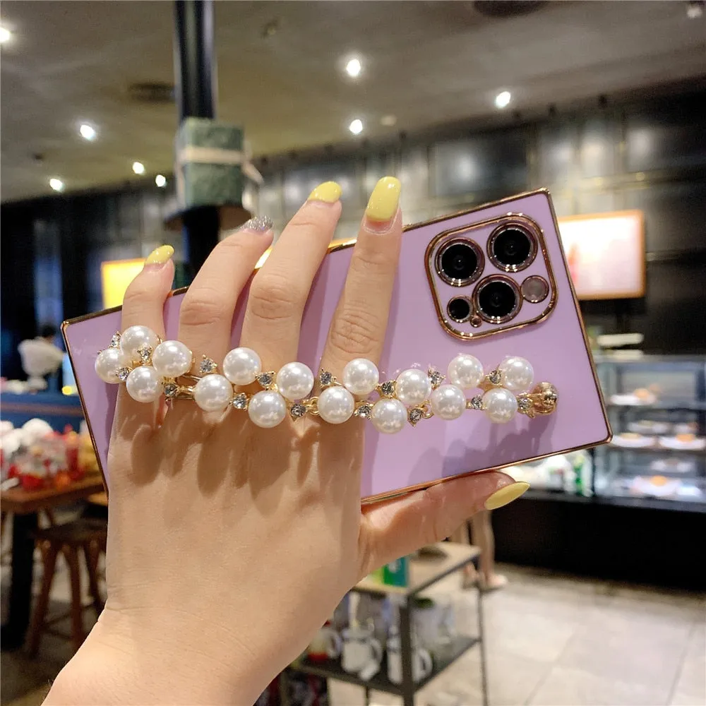Anymob iPhone Case Purple Pearl Diamond Bracelet Square Plating Soft Chain Back Cover