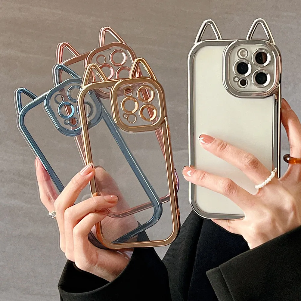 Anymob iPhone Case Rose Gold Electroplating Cute Cat Ears Transparent Camera Protection Soft Cover