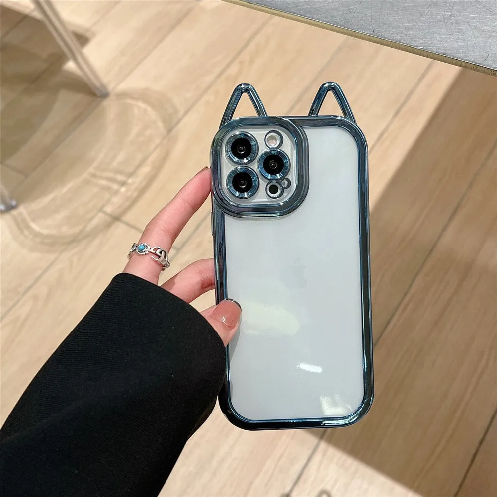 Anymob iPhone Case Rose Gold Electroplating Cute Cat Ears Transparent Camera Protection Soft Cover