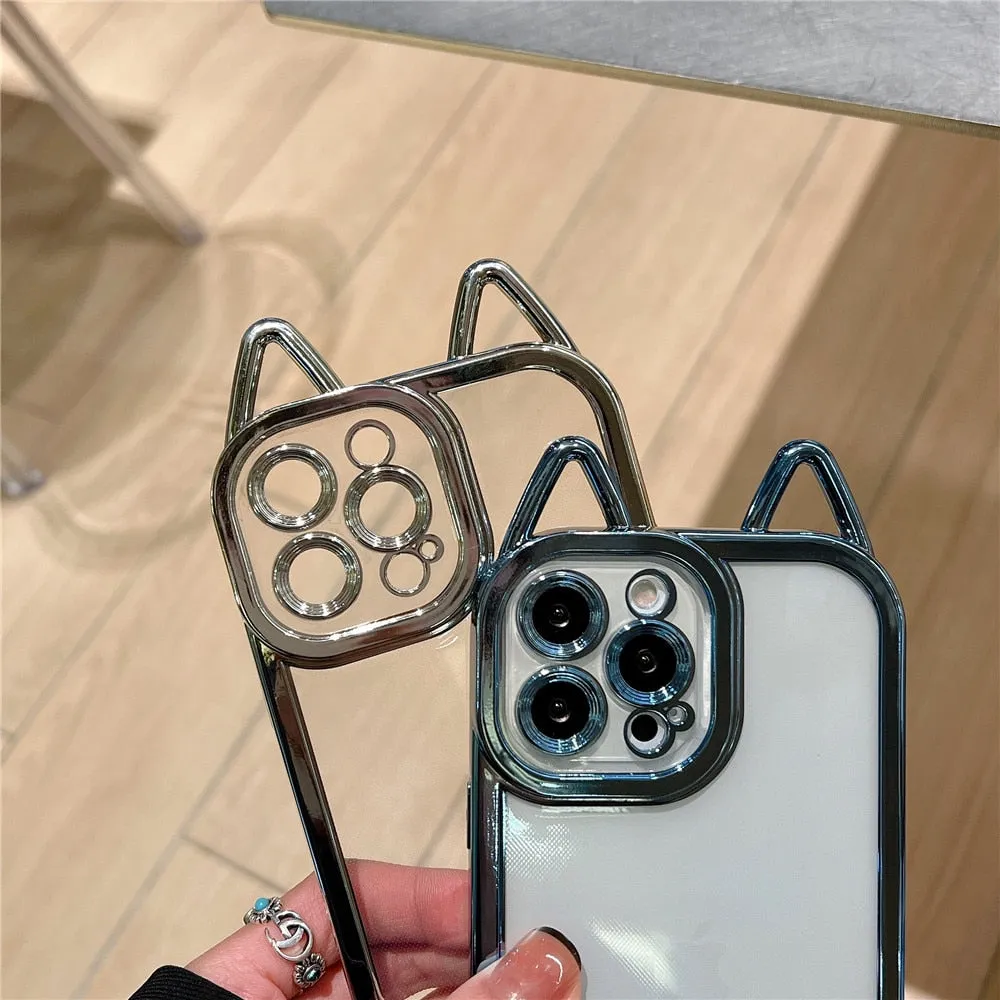 Anymob iPhone Case Rose Gold Electroplating Cute Cat Ears Transparent Camera Protection Soft Cover