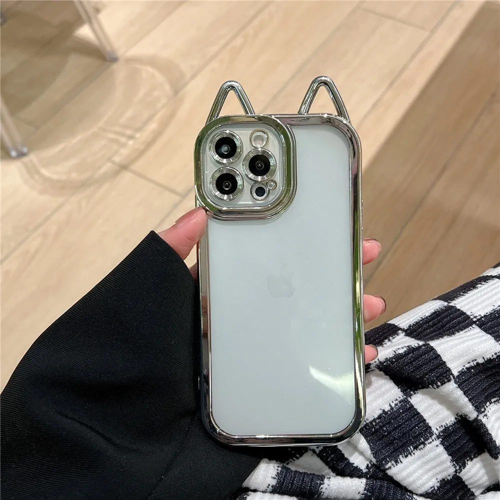 Anymob iPhone Case Rose Gold Electroplating Cute Cat Ears Transparent Camera Protection Soft Cover