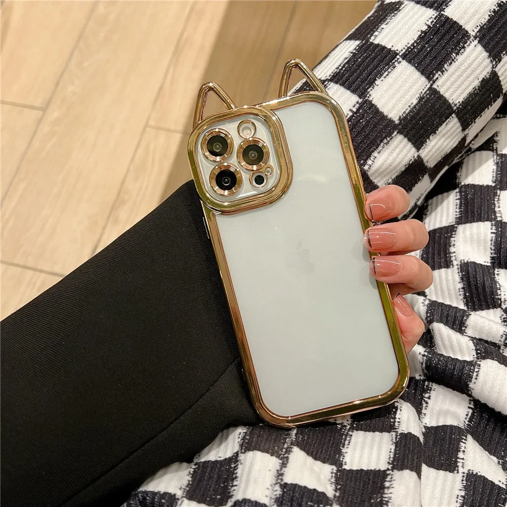 Anymob iPhone Case Rose Gold Electroplating Cute Cat Ears Transparent Camera Protection Soft Cover