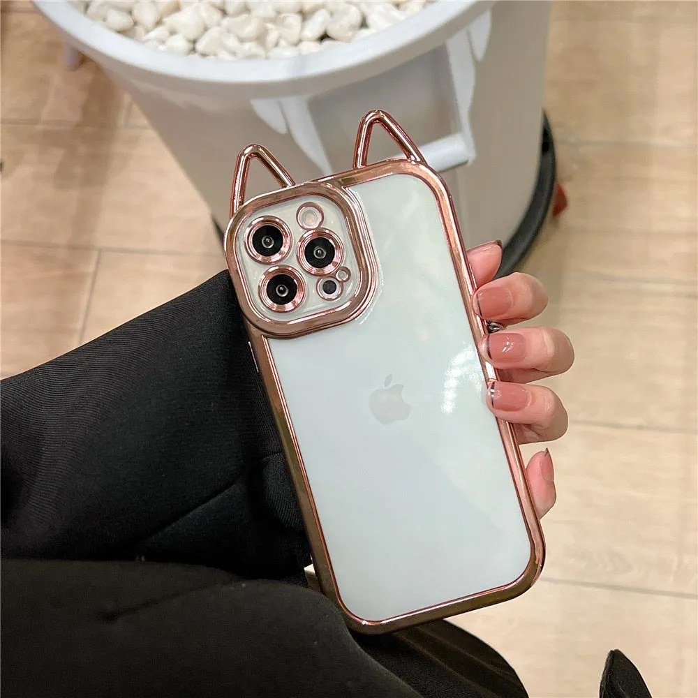 Anymob iPhone Case Rose Gold Electroplating Cute Cat Ears Transparent Camera Protection Soft Cover
