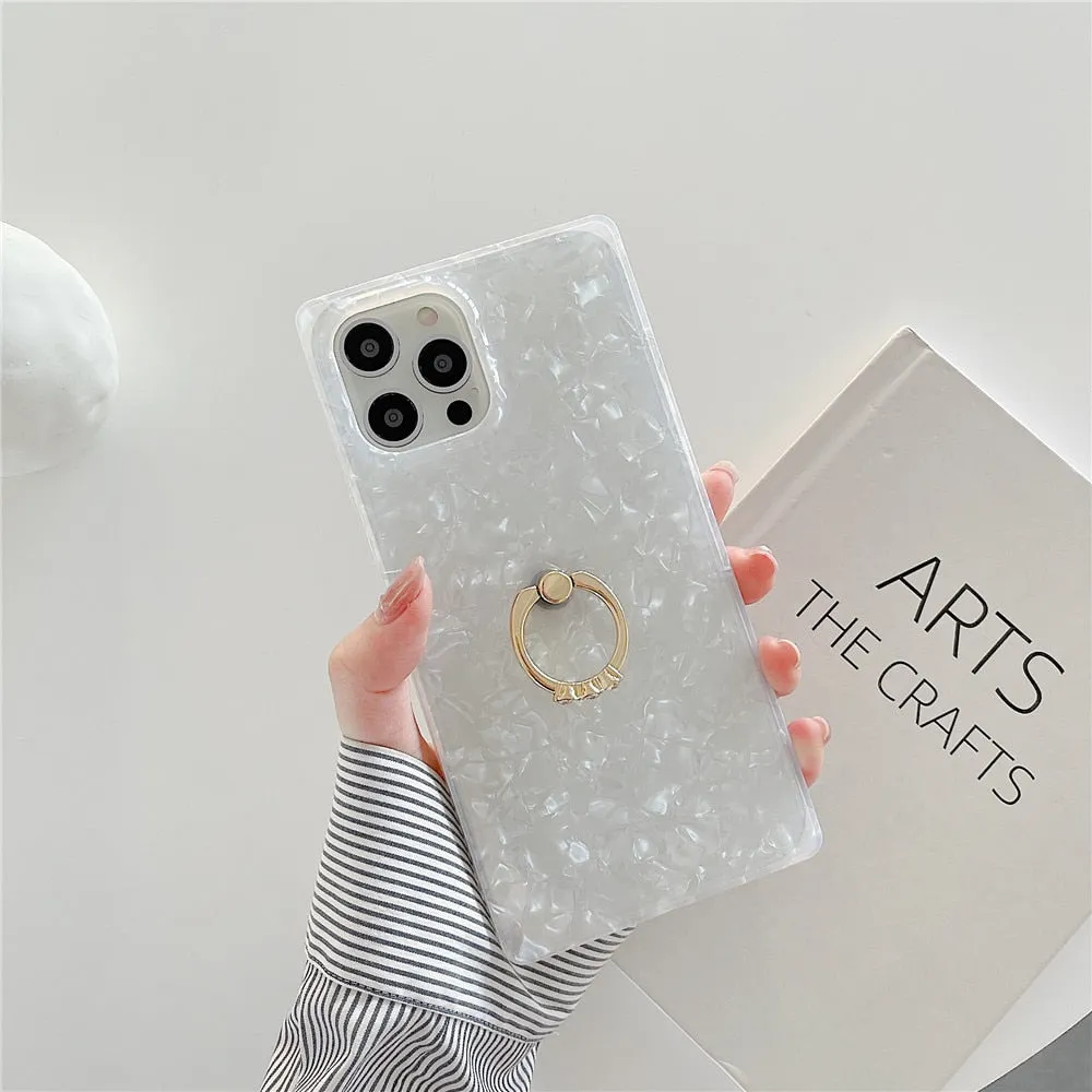 Anymob iPhone Case Silver Square Dream Shell Pattern Soft Silicone Cover With Ring Holder Stand
