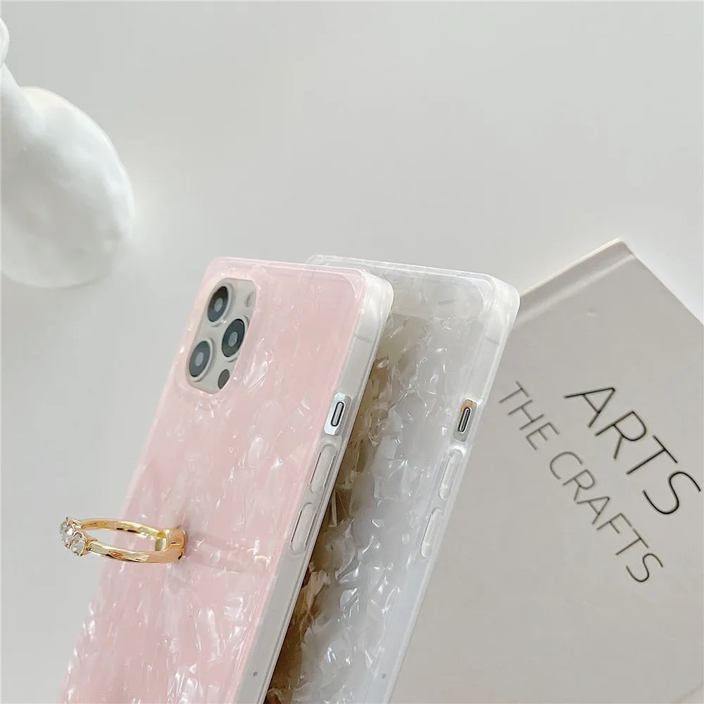 Anymob iPhone Case Silver Square Dream Shell Pattern Soft Silicone Cover With Ring Holder Stand