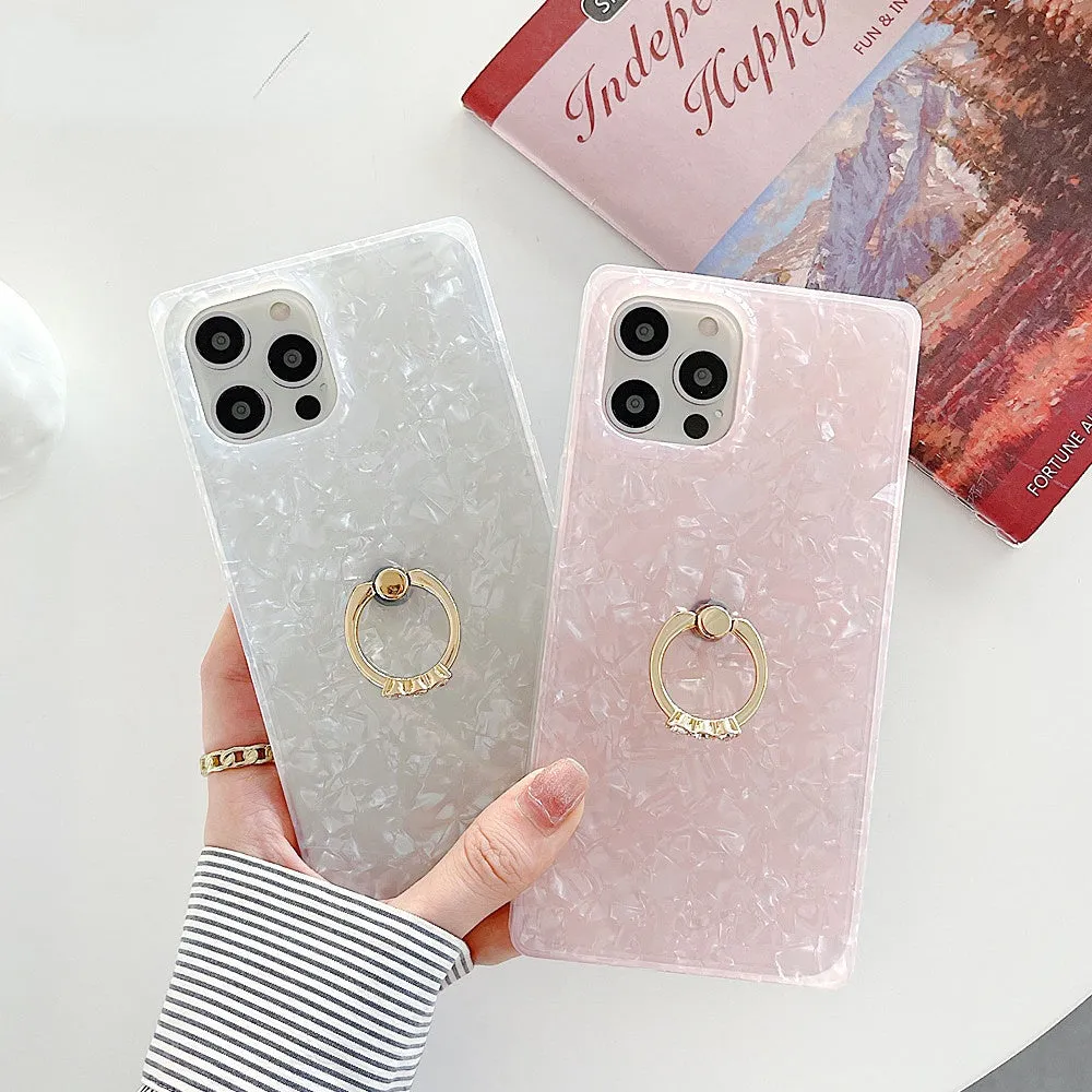 Anymob iPhone Case Silver Square Dream Shell Pattern Soft Silicone Cover With Ring Holder Stand
