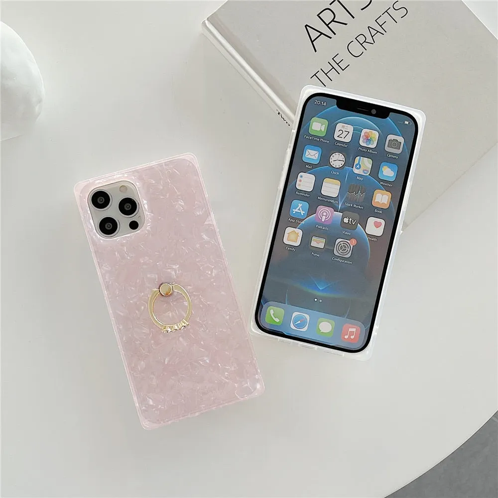 Anymob iPhone Case Silver Square Dream Shell Pattern Soft Silicone Cover With Ring Holder Stand