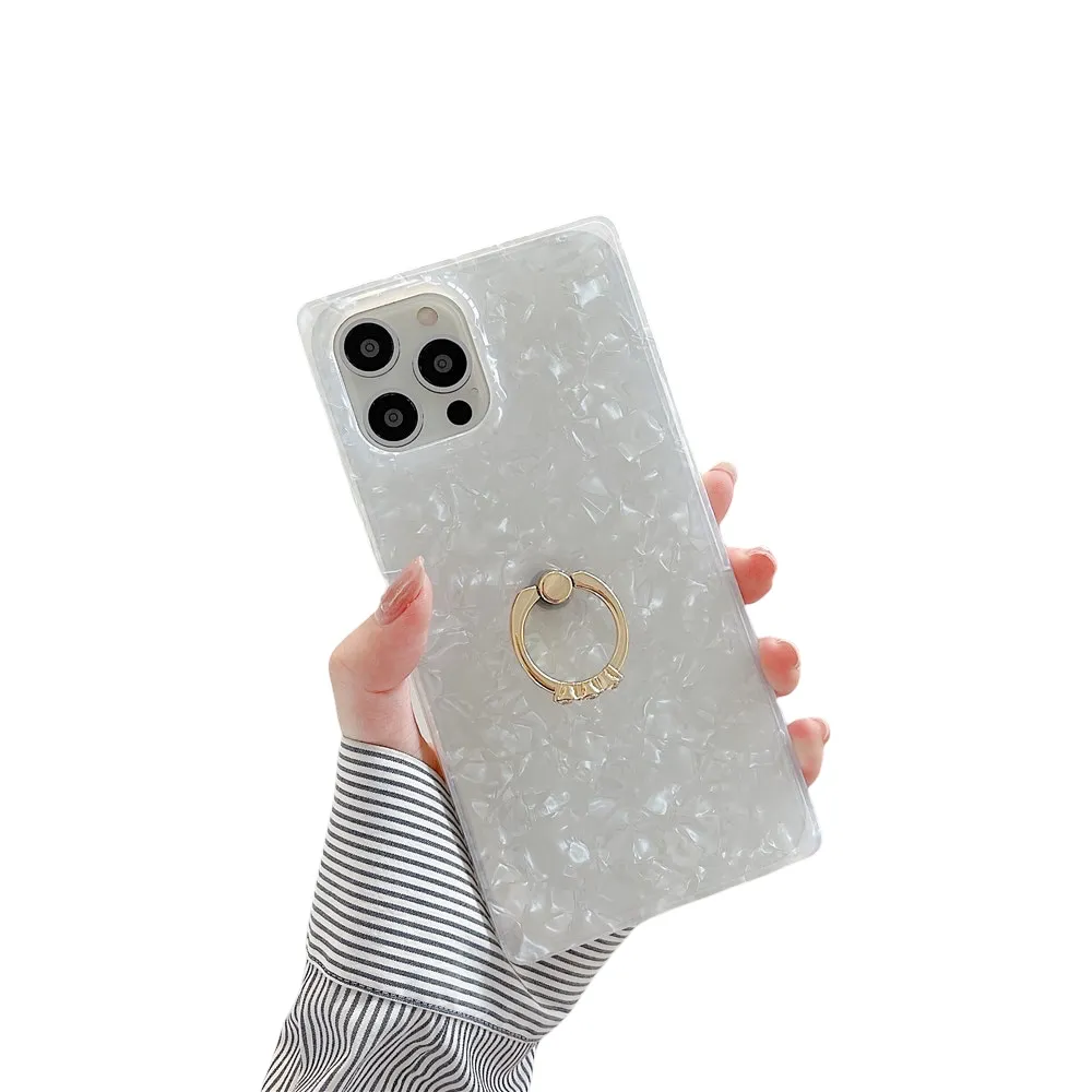 Anymob iPhone Case Silver Square Dream Shell Pattern Soft Silicone Cover With Ring Holder Stand