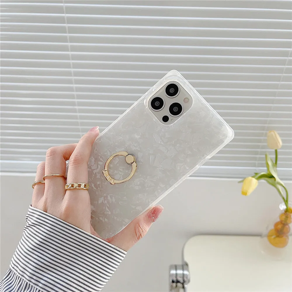 Anymob iPhone Case Silver Square Dream Shell Pattern Soft Silicone Cover With Ring Holder Stand