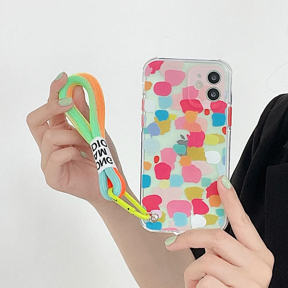 Anymob iPhone Case Sky Blue Clear Graffiti Soft Silicone With Hand Strap Shockproof Bumper Cover