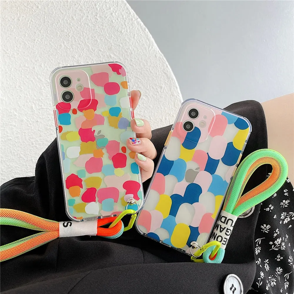 Anymob iPhone Case Sky Blue Clear Graffiti Soft Silicone With Hand Strap Shockproof Bumper Cover