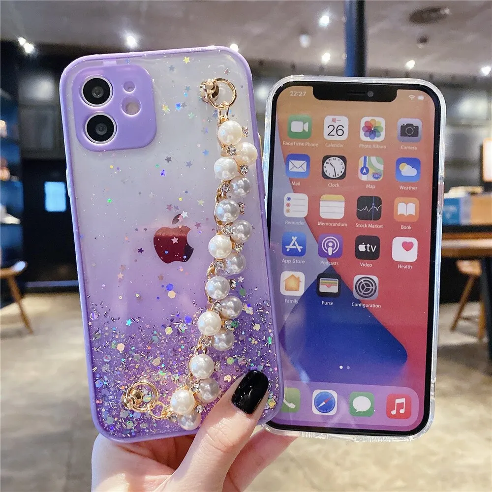 Anymob iPhone Case Sky Blue Pearl Bracelet Glitter Shockproof Camera Protection Cover