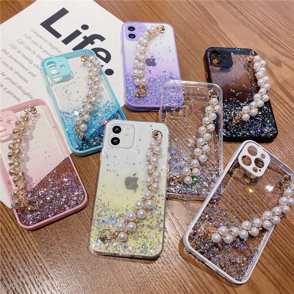Anymob iPhone Case Sky Blue Pearl Bracelet Glitter Shockproof Camera Protection Cover
