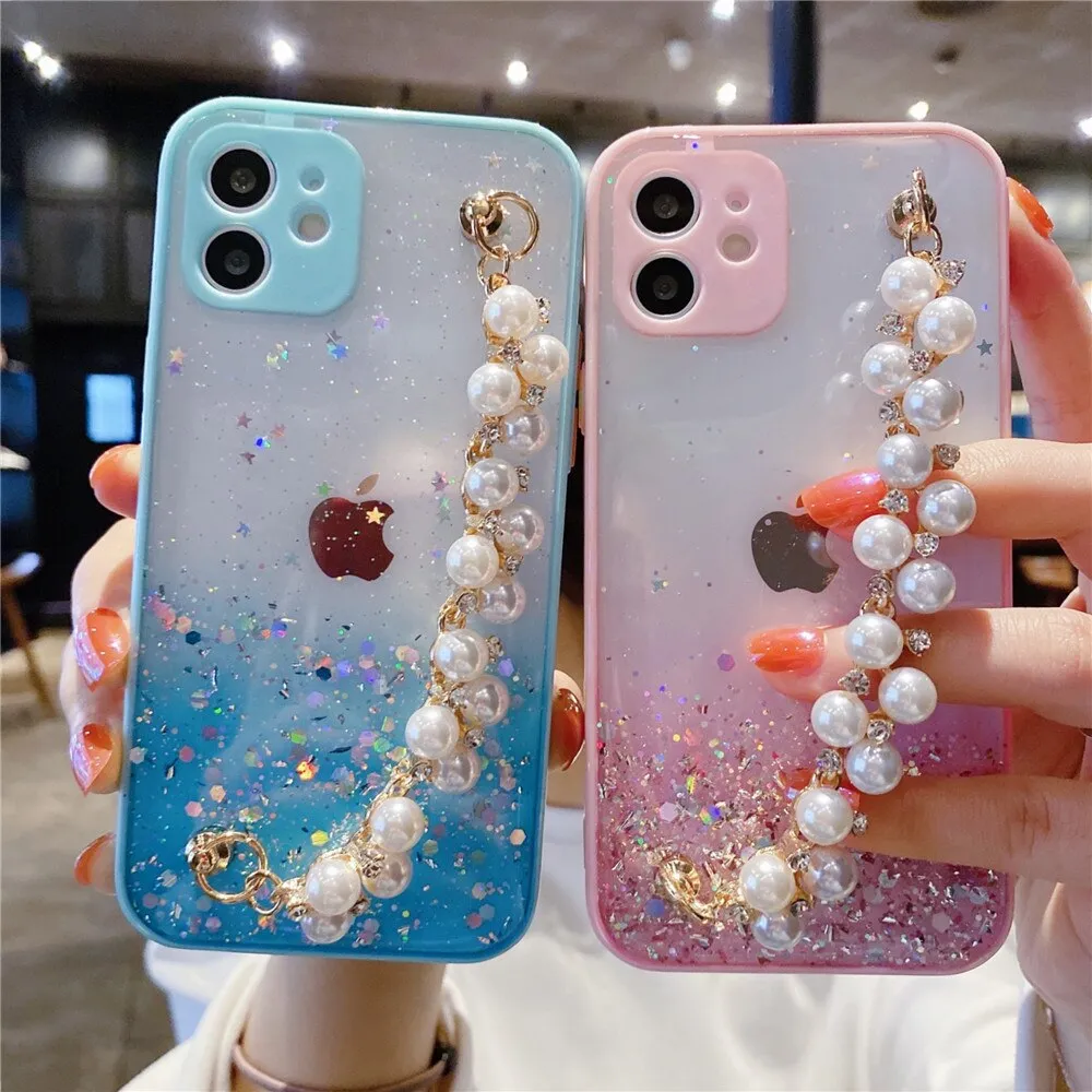 Anymob iPhone Case Sky Blue Pearl Bracelet Glitter Shockproof Camera Protection Cover
