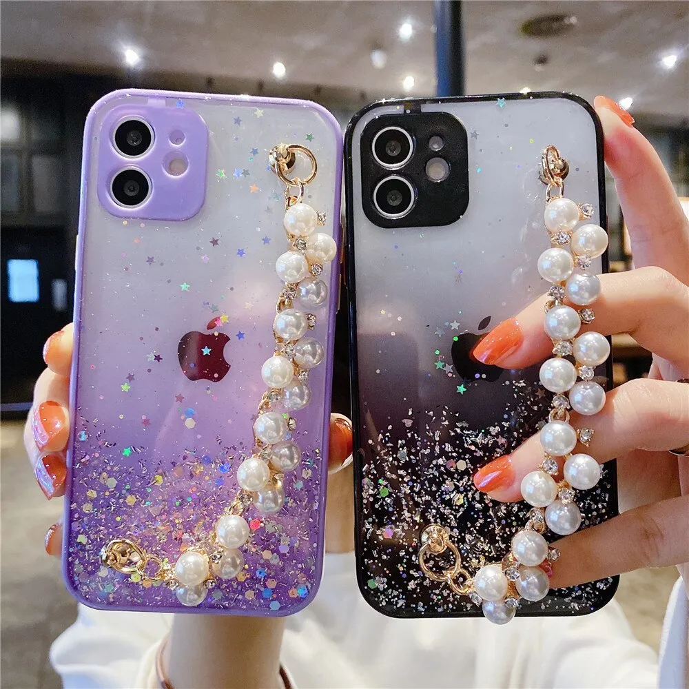 Anymob iPhone Case Sky Blue Pearl Bracelet Glitter Shockproof Camera Protection Cover