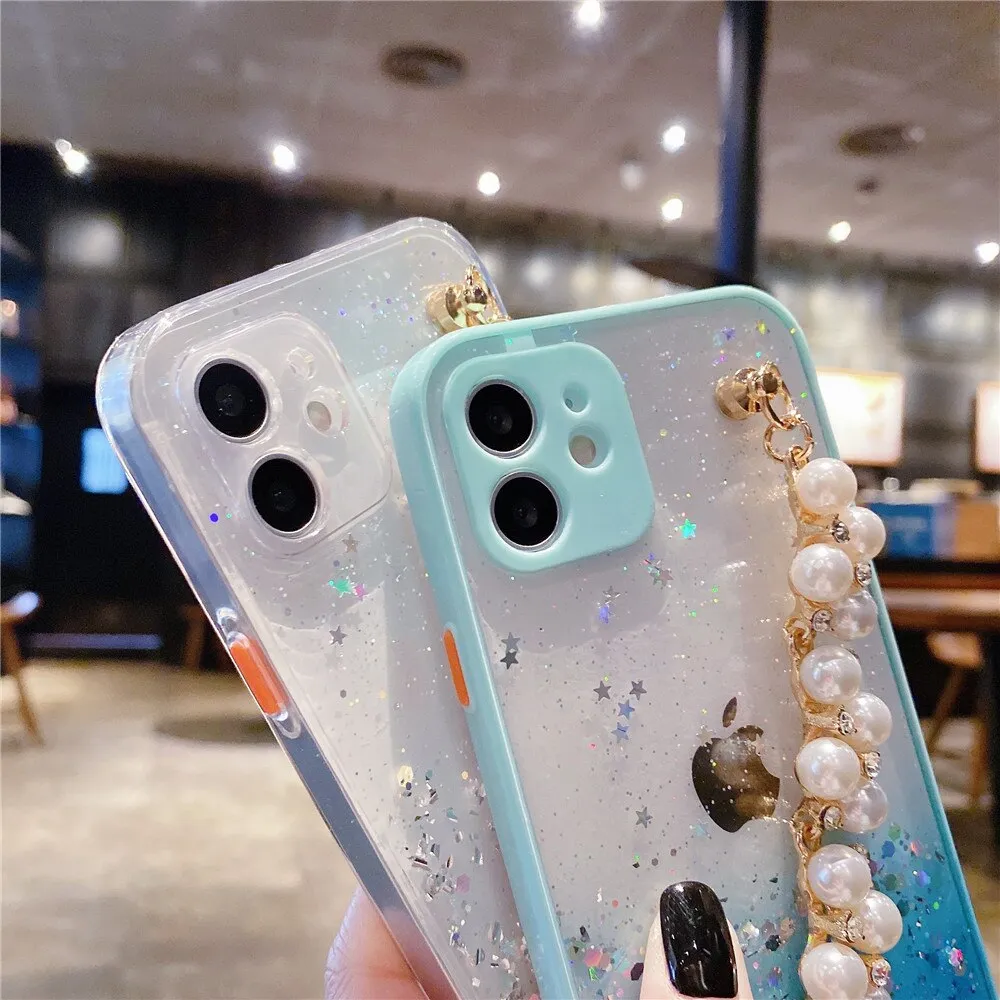 Anymob iPhone Case Sky Blue Pearl Bracelet Glitter Shockproof Camera Protection Cover