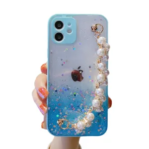 Anymob iPhone Case Sky Blue Pearl Bracelet Glitter Shockproof Camera Protection Cover