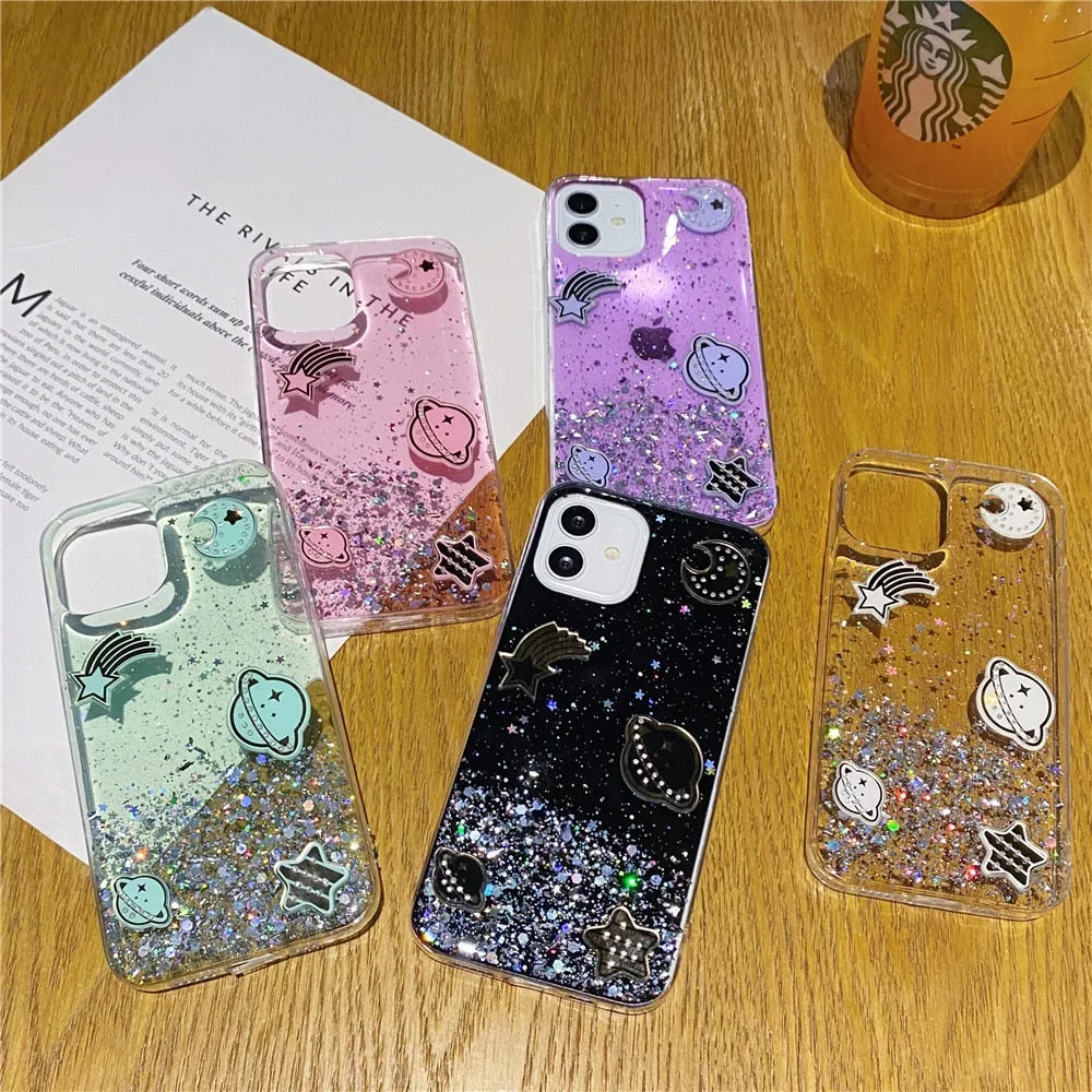 Anymob iPhone Case Transparent Glitter Planet Clear Soft Silicone Cover