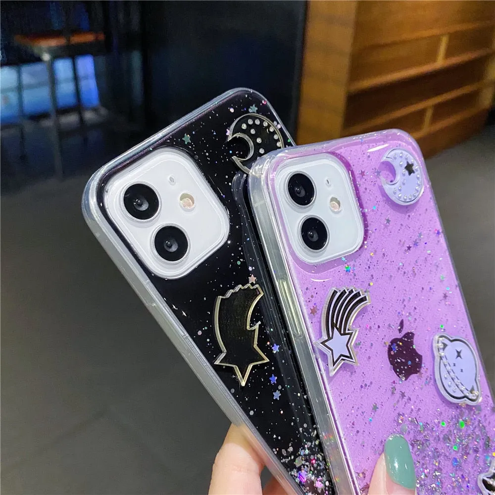 Anymob iPhone Case Transparent Glitter Planet Clear Soft Silicone Cover