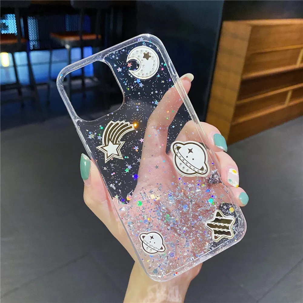 Anymob iPhone Case Transparent Glitter Planet Clear Soft Silicone Cover