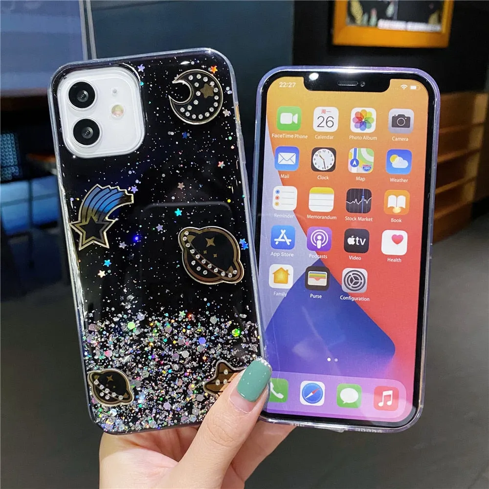 Anymob iPhone Case Transparent Glitter Planet Clear Soft Silicone Cover