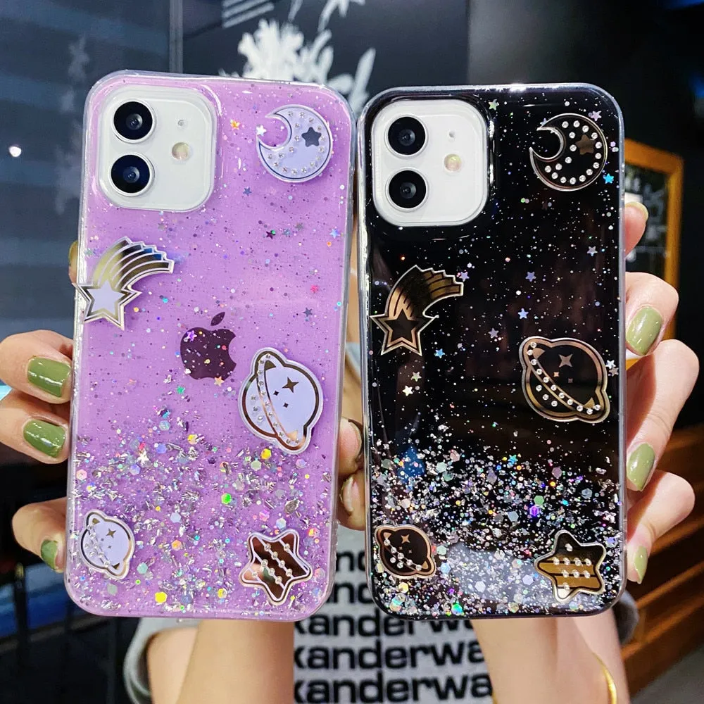 Anymob iPhone Case Transparent Glitter Planet Clear Soft Silicone Cover