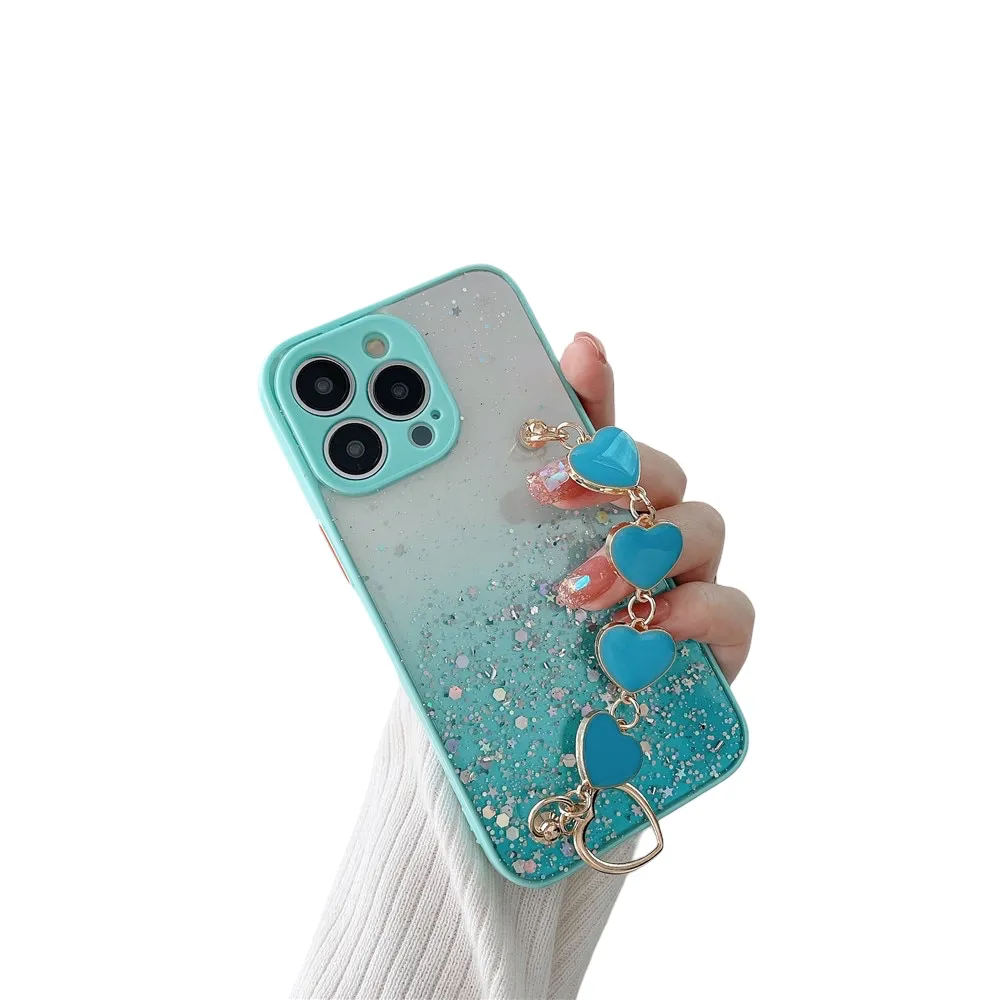 Anymob iPhone Case Turquoise Glitter Sequins Love Heart Bracelet Clear Soft Cover