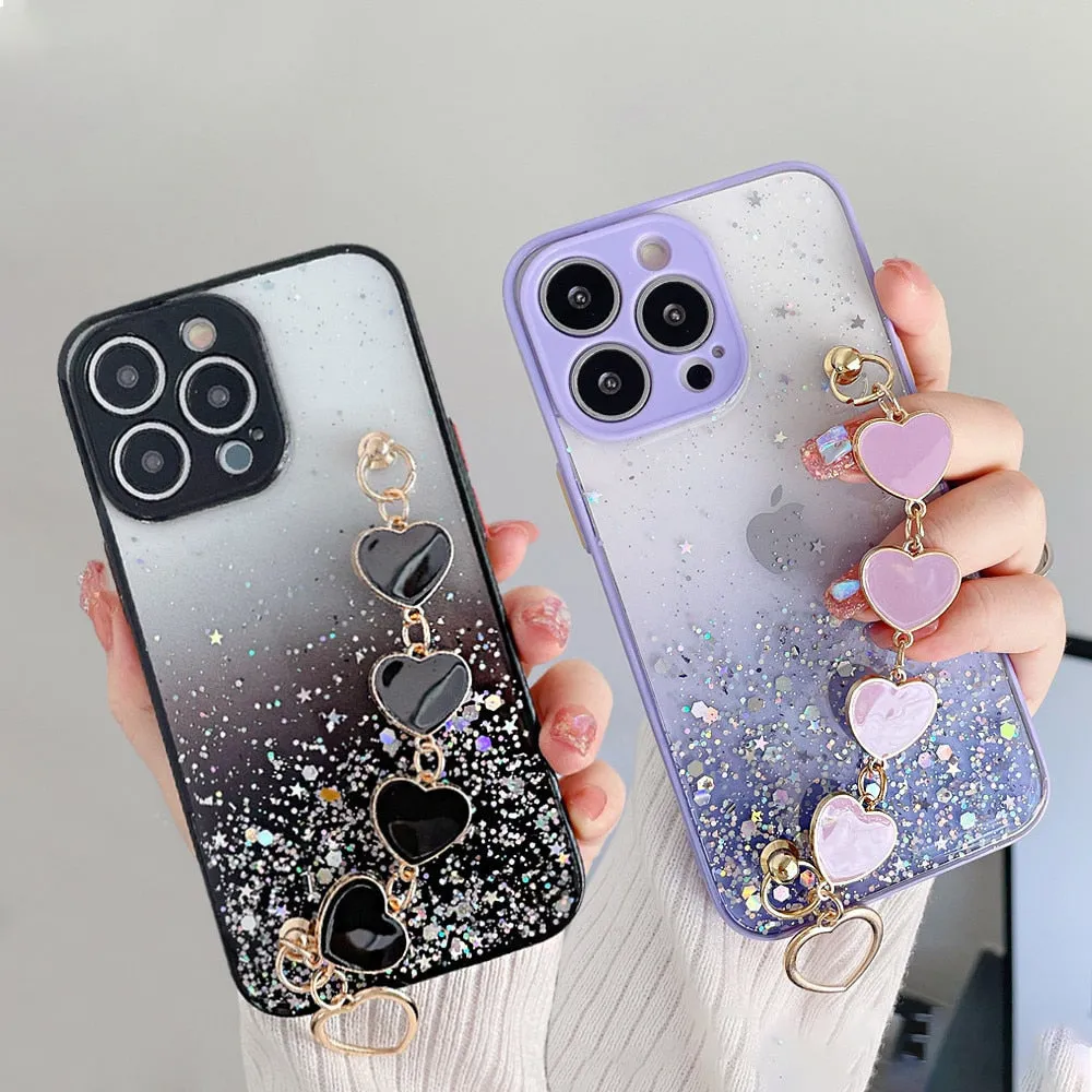 Anymob iPhone Case Turquoise Glitter Sequins Love Heart Bracelet Clear Soft Cover