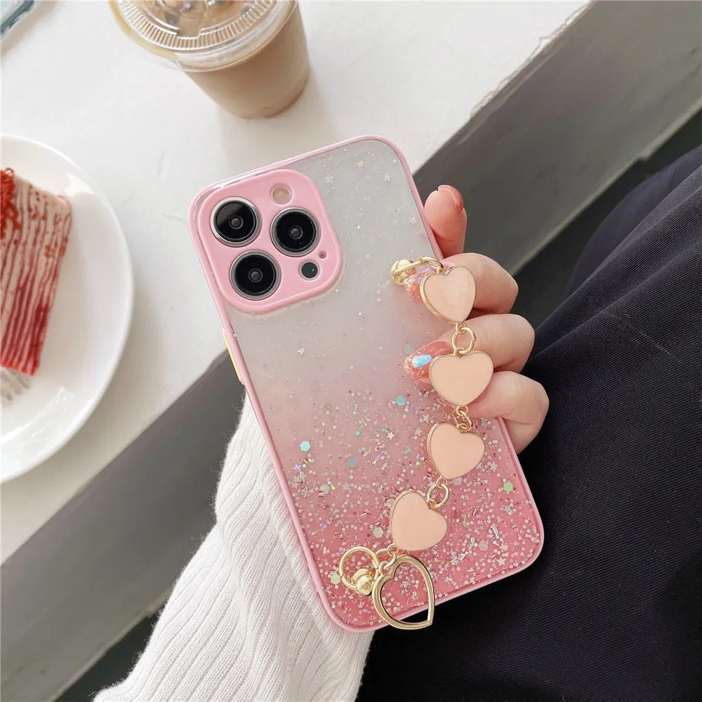 Anymob iPhone Case Turquoise Glitter Sequins Love Heart Bracelet Clear Soft Cover
