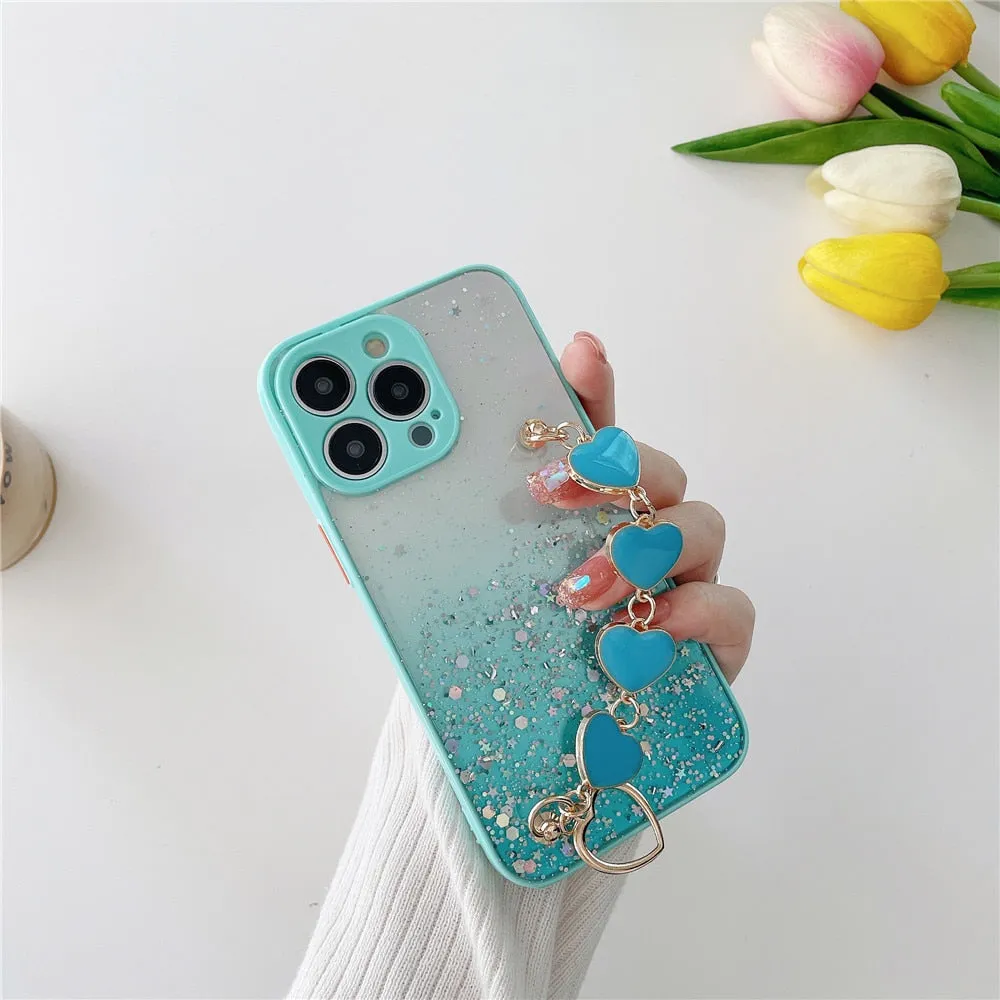 Anymob iPhone Case Turquoise Glitter Sequins Love Heart Bracelet Clear Soft Cover