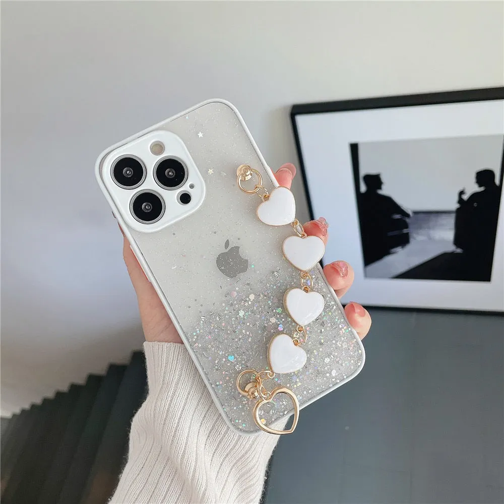 Anymob iPhone Case Turquoise Glitter Sequins Love Heart Bracelet Clear Soft Cover
