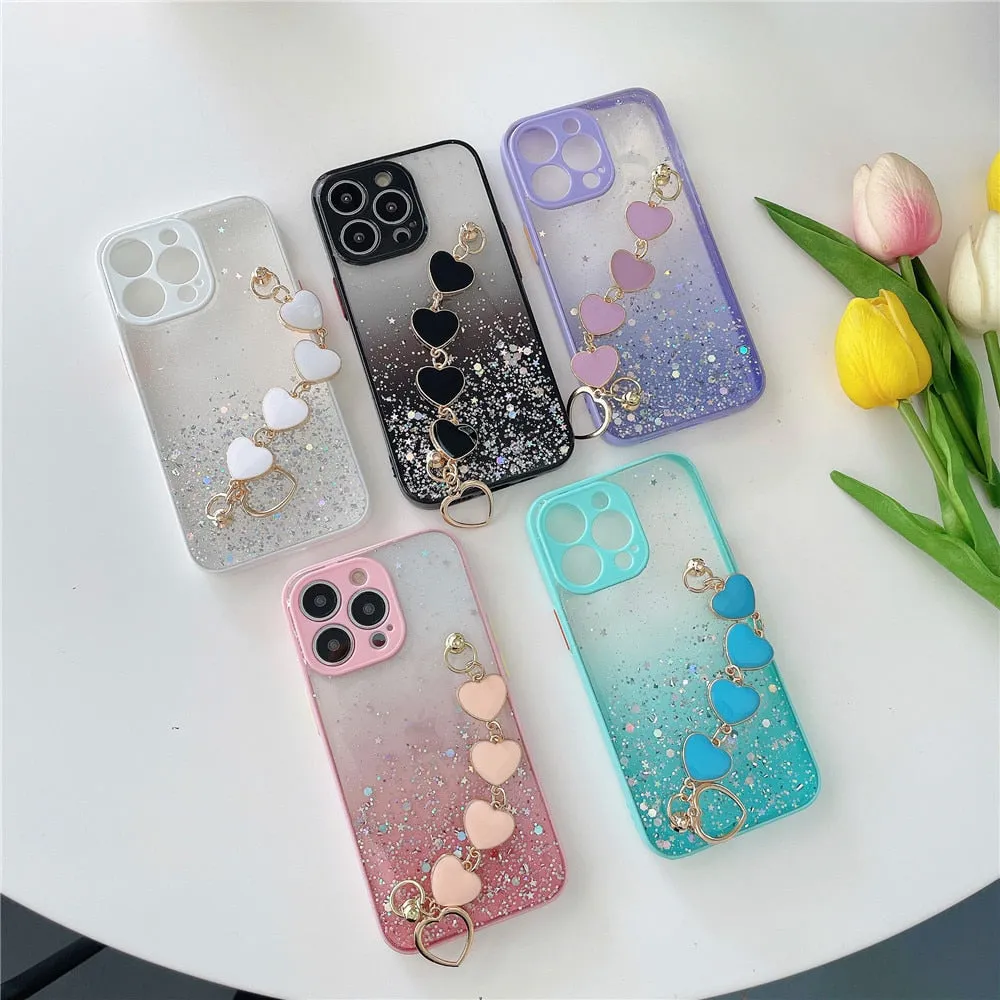 Anymob iPhone Case Turquoise Glitter Sequins Love Heart Bracelet Clear Soft Cover