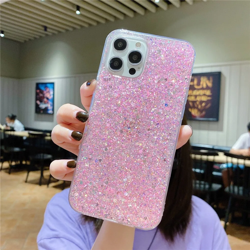Anymob iPhone Case White Clear Shining Glitter Sequins Cute Soft Phone Cover