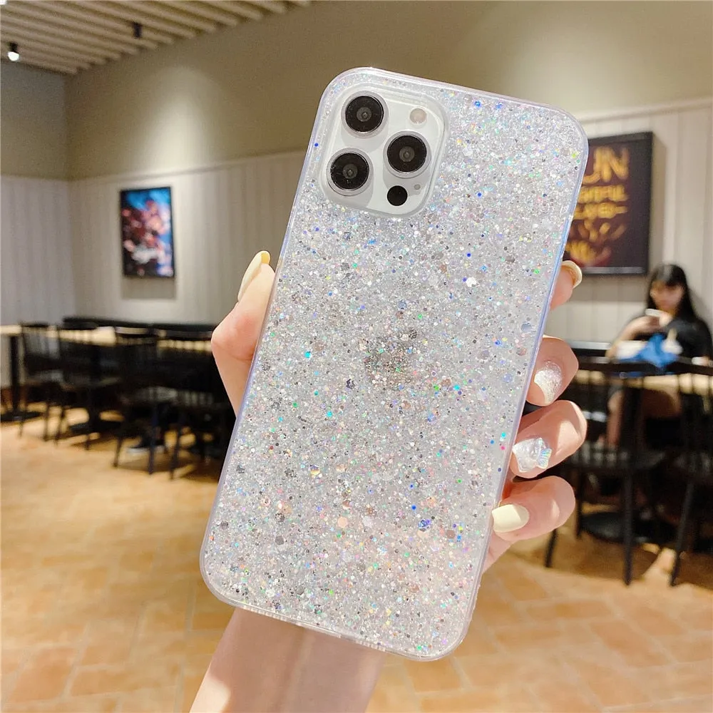 Anymob iPhone Case White Clear Shining Glitter Sequins Cute Soft Phone Cover