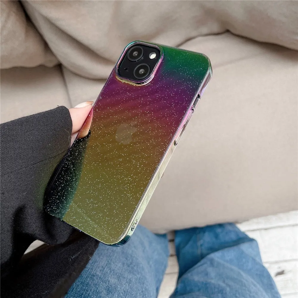 Anymob iPhone Case White Shining Glitter Gradient Transparent Bling Shockproof Hard PC Cover