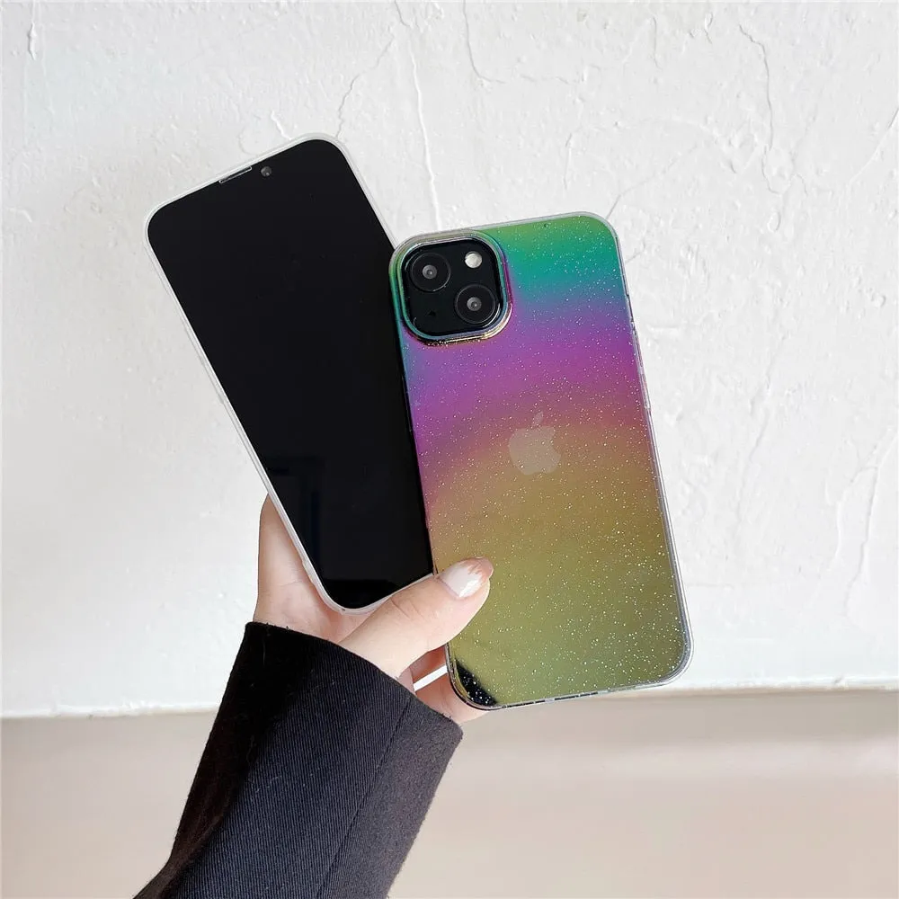 Anymob iPhone Case White Shining Glitter Gradient Transparent Bling Shockproof Hard PC Cover