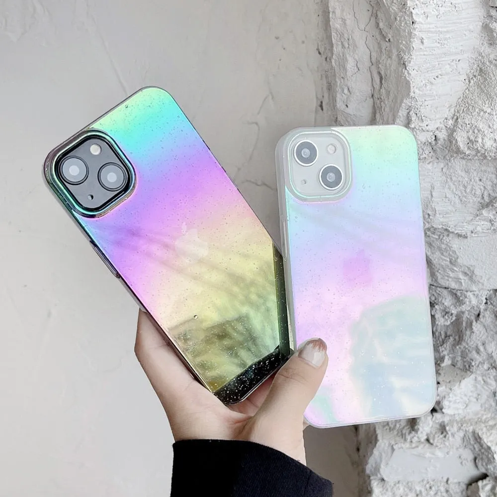 Anymob iPhone Case White Shining Glitter Gradient Transparent Bling Shockproof Hard PC Cover