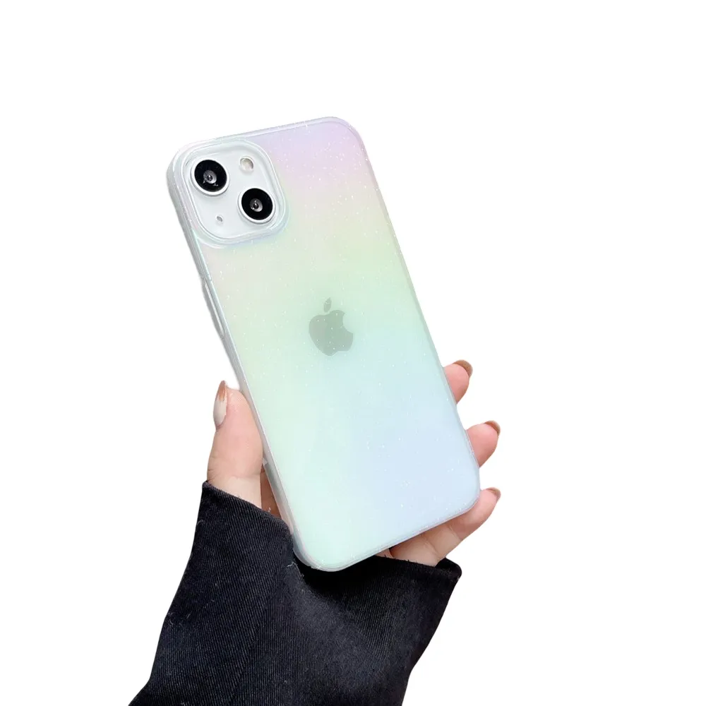 Anymob iPhone Case White Shining Glitter Gradient Transparent Bling Shockproof Hard PC Cover