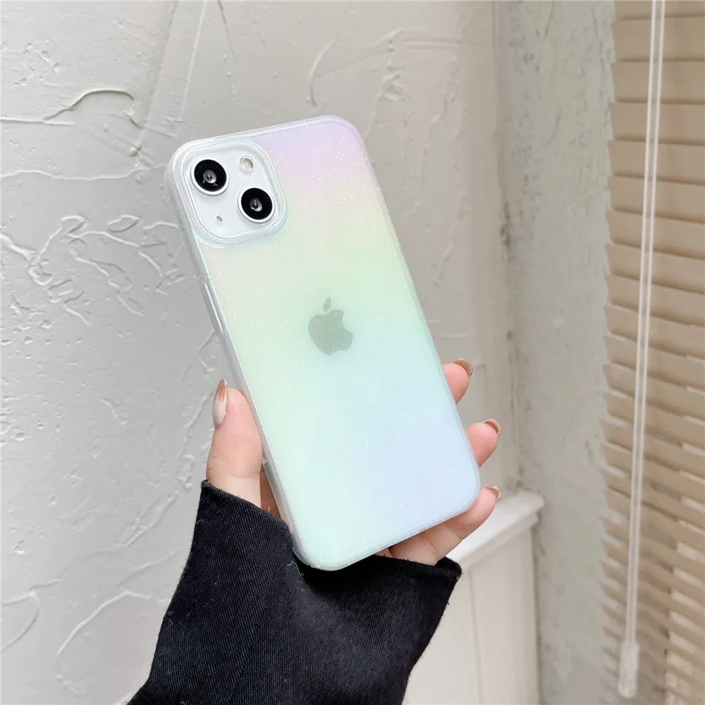 Anymob iPhone Case White Shining Glitter Gradient Transparent Bling Shockproof Hard PC Cover